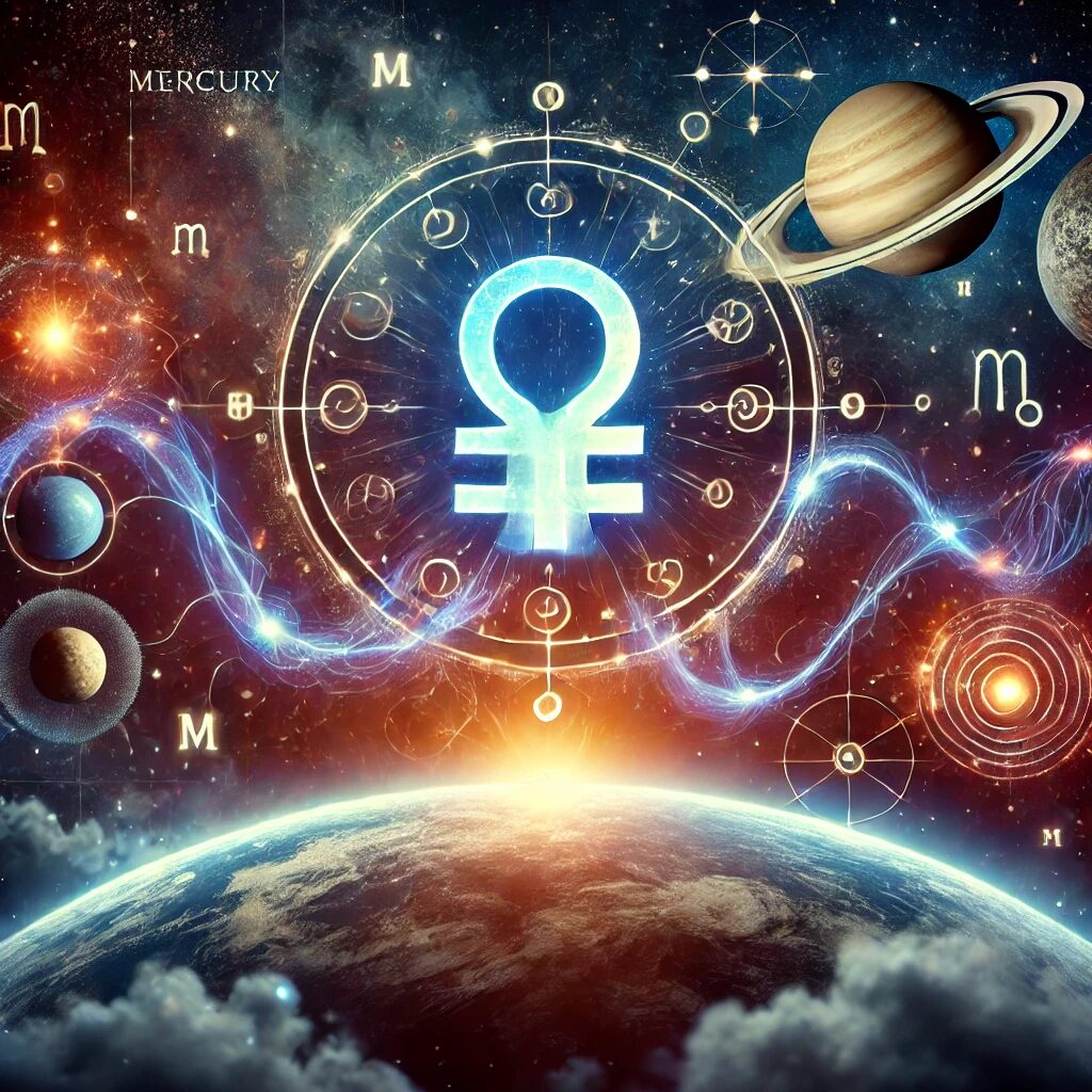 A cosmic representation of astrology and communication, featuring Mercury as the messenger of the gods. The image should include a glowing Mercury sym