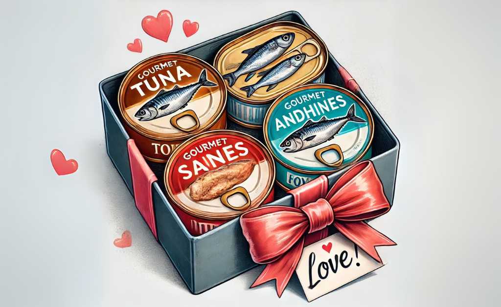 "A whimsical Valentine's Day gift box filled with gourmet tinned fish, elegantly packaged with a bow and love note, showcasing the latest social media gift trend."