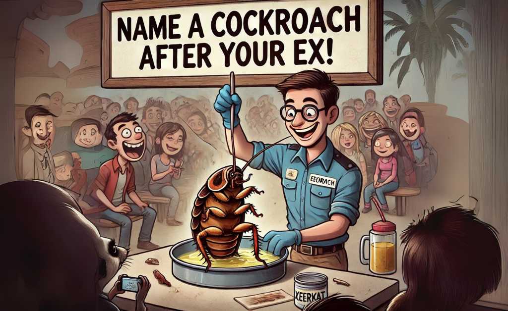 "A humorous illustration of a zoo event where visitors name cockroaches after their exes, with a zookeeper feeding the insect to a meerkat while an amused crowd watches."