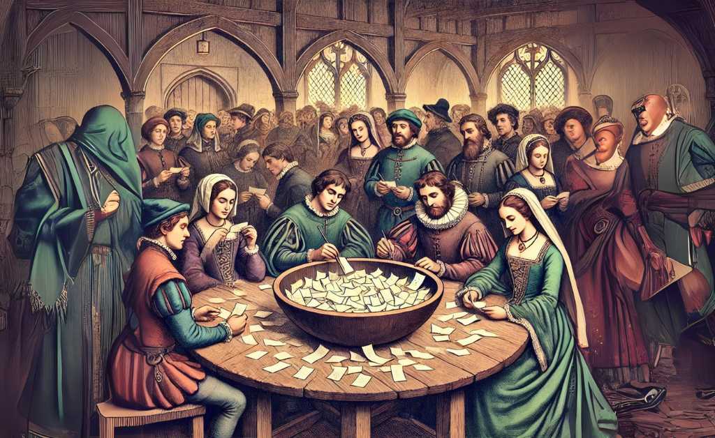  "A historical illustration of a medieval Valentine’s Day event where young men and women draw names from a bowl, forming random couples for the holiday."