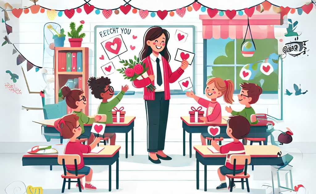  "A heartwarming classroom scene with students handing Valentine’s Day cards to a smiling teacher, highlighting the appreciation for educators on February 14th."