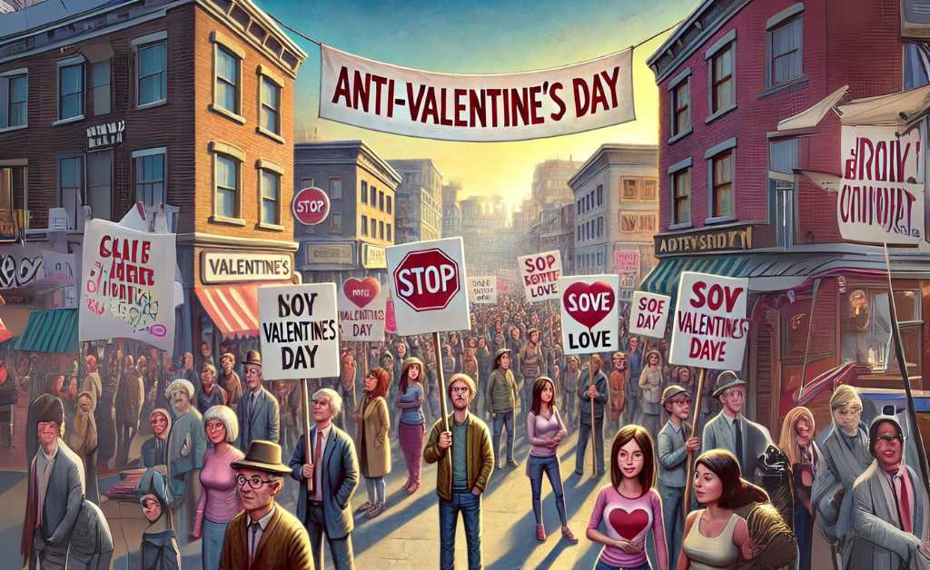 "A surreal and humorous digital painting of an 'Anti-Valentine's Day' protest, featuring people holding signs against romantic clichés."