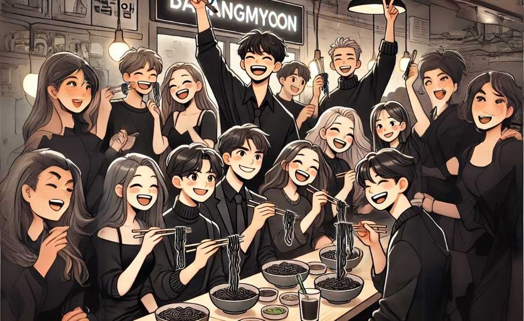  "A lively South Korean restaurant scene showing young adults dressed in black celebrating 'Black Day' on April 14th. The group is happily eating jajangmyeon (black bean noodles), raising chopsticks in a fun and festive atmosphere. A neon sign in the background reads 'Black Day – Celebrate Single Life!'"