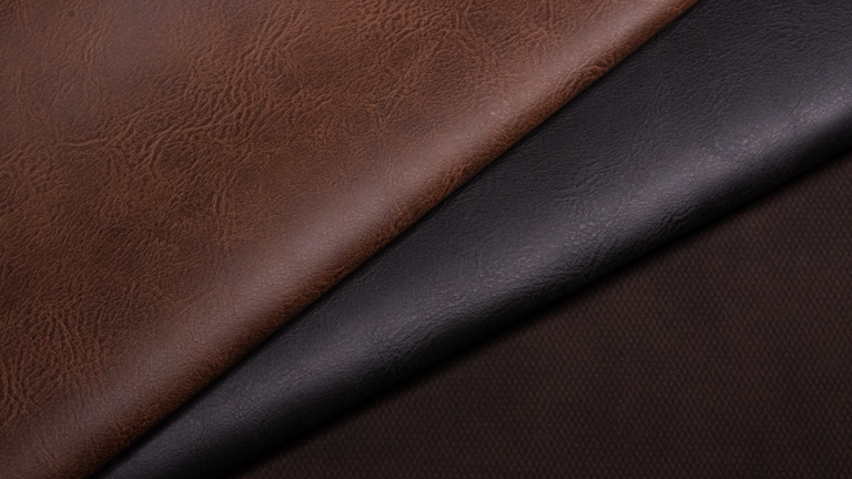 Close-up texture of a vegan leather material showing its grain and surface coating