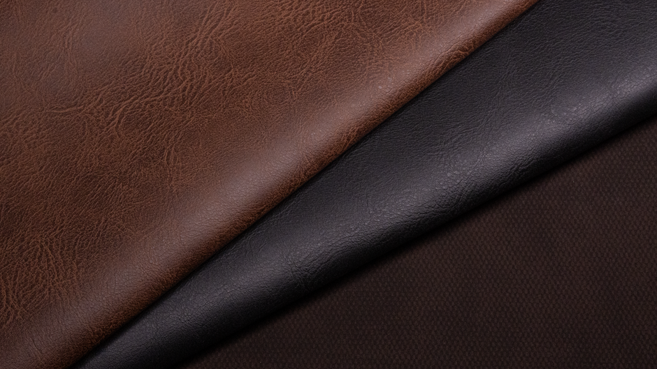 Close-up texture of a vegan leather material showing its grain and surface coating