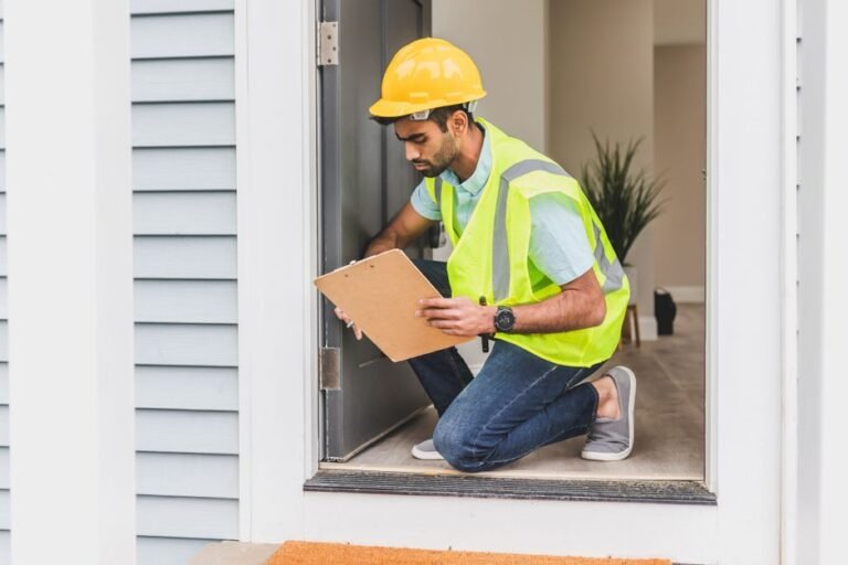 A home inspector examining the exterior siding and foundation of a house