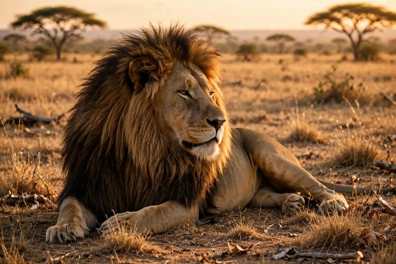 Male lion with a full mane resting on the African savanna