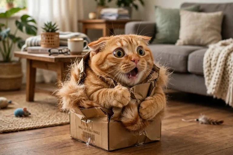 Funny cat squeezed into a tiny cardboard box with a surprised face