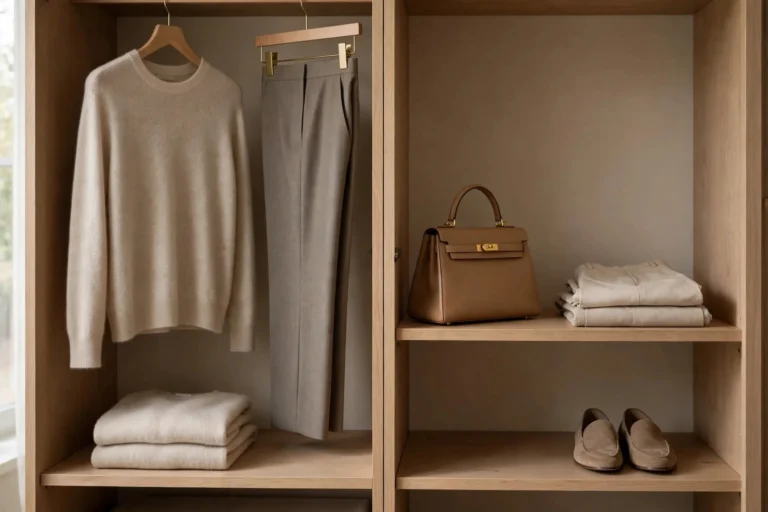 Minimalist wardrobe with timeless neutral luxury pieces