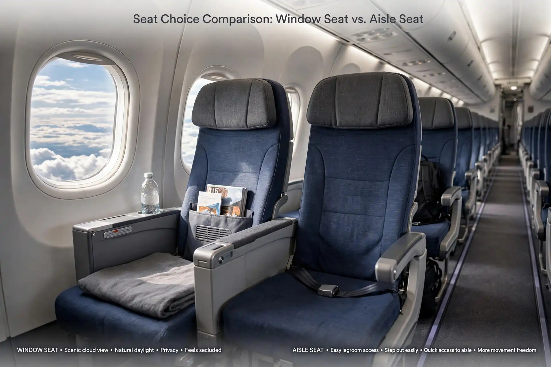 Airplane cabin showing a window seat view and an aisle seat