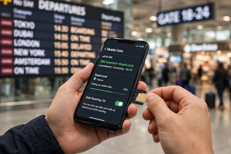 Hand inserting a local SIM card into a smartphone at an airport