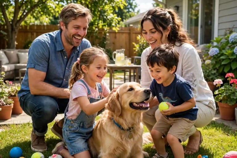 Happy family with children playing with a golden retriever