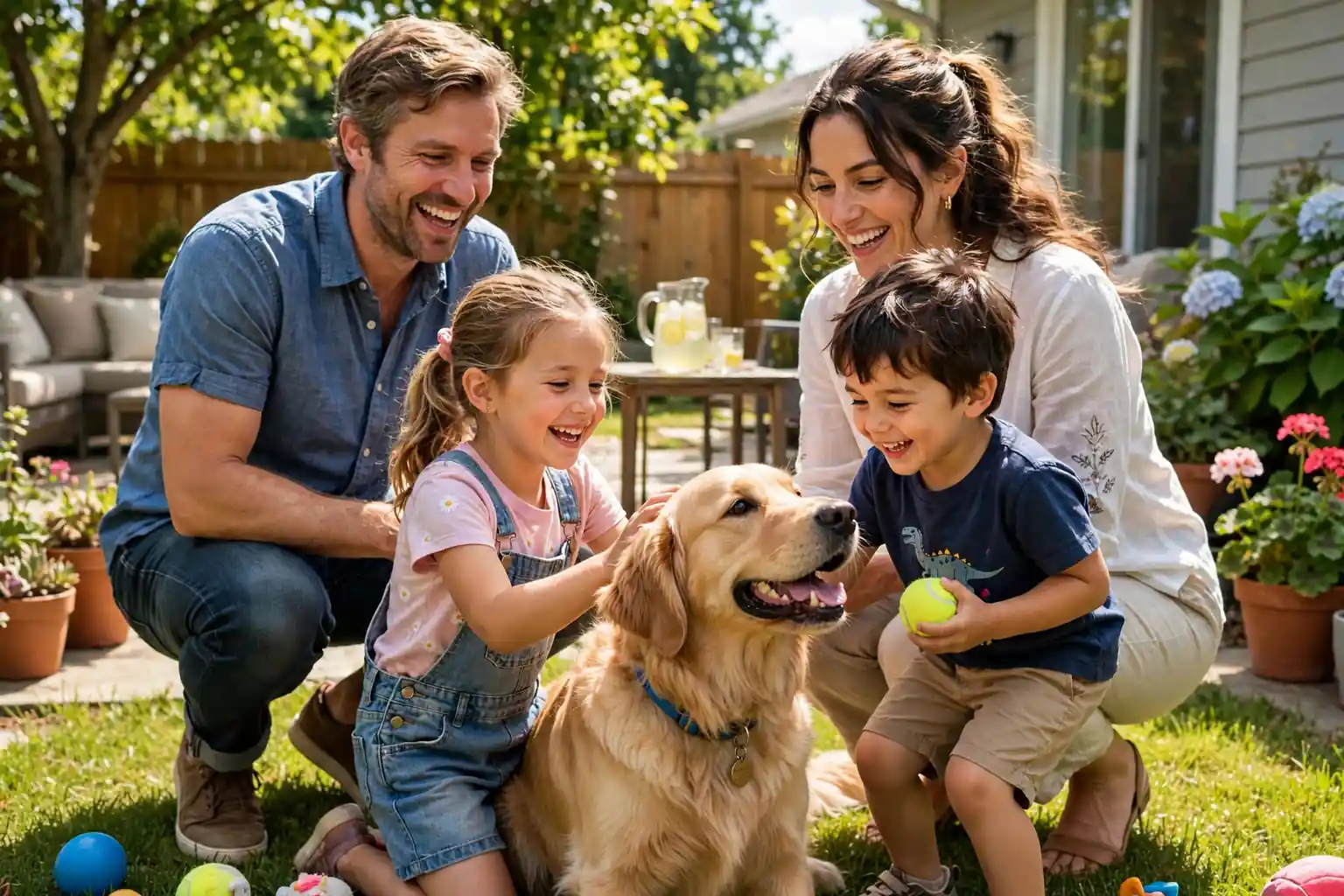 Happy family with children playing with a golden retriever