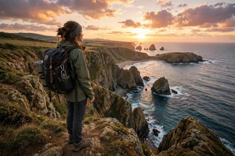 Solo traveler with a backpack overlooking a coastal landscape at sunset