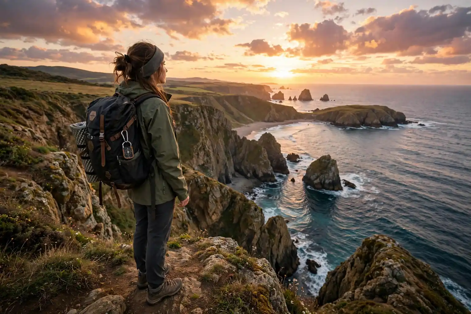 Solo traveler with a backpack overlooking a coastal landscape at sunset