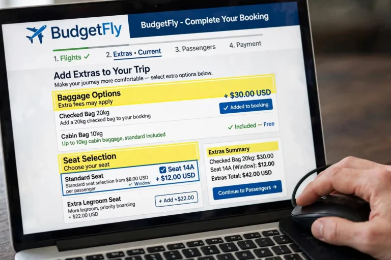 Laptop showing a budget airline booking page with extra fee options