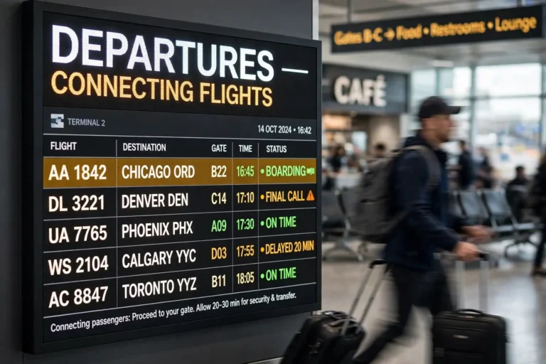 Airport departure board showing connecting flight gates and times