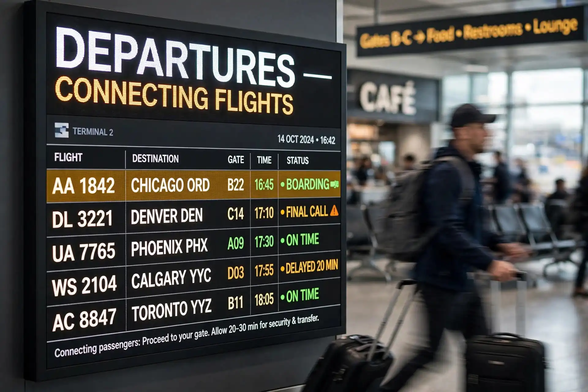 Airport departure board showing connecting flight gates and times