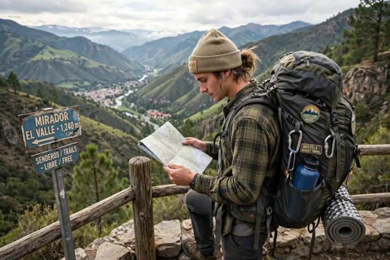 Backpacker with a large backpack at a scenic viewpoint with a map