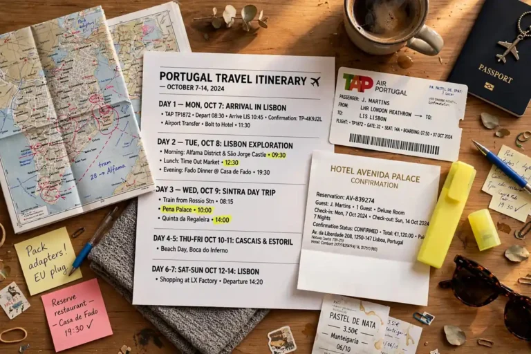 Travel itinerary with map, tickets, and hotel confirmations on a desk