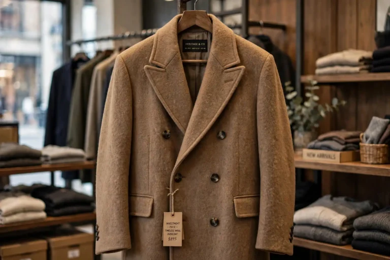 Timeless wool overcoat on a hanger in a clothing store