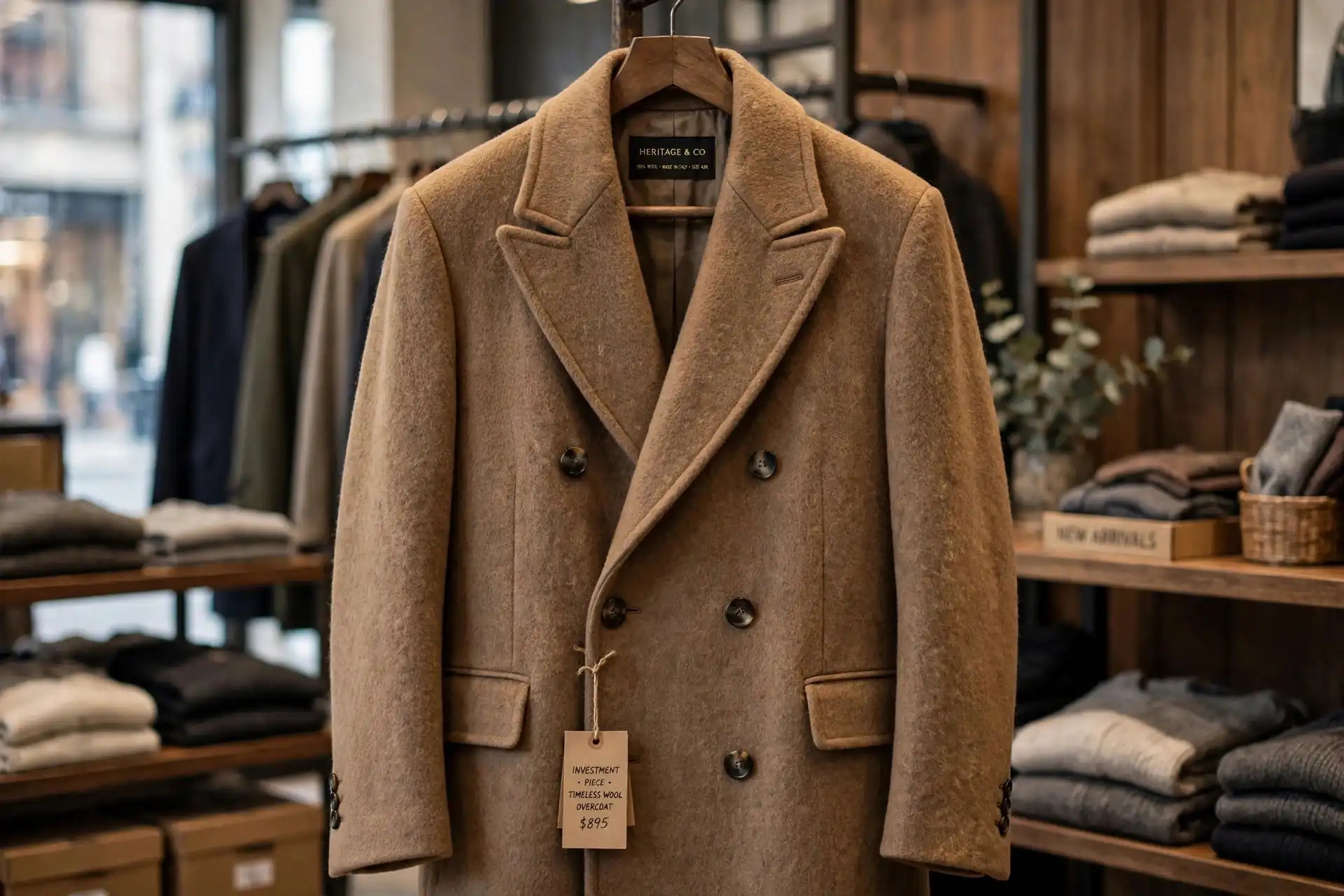 Timeless wool overcoat on a hanger in a clothing store