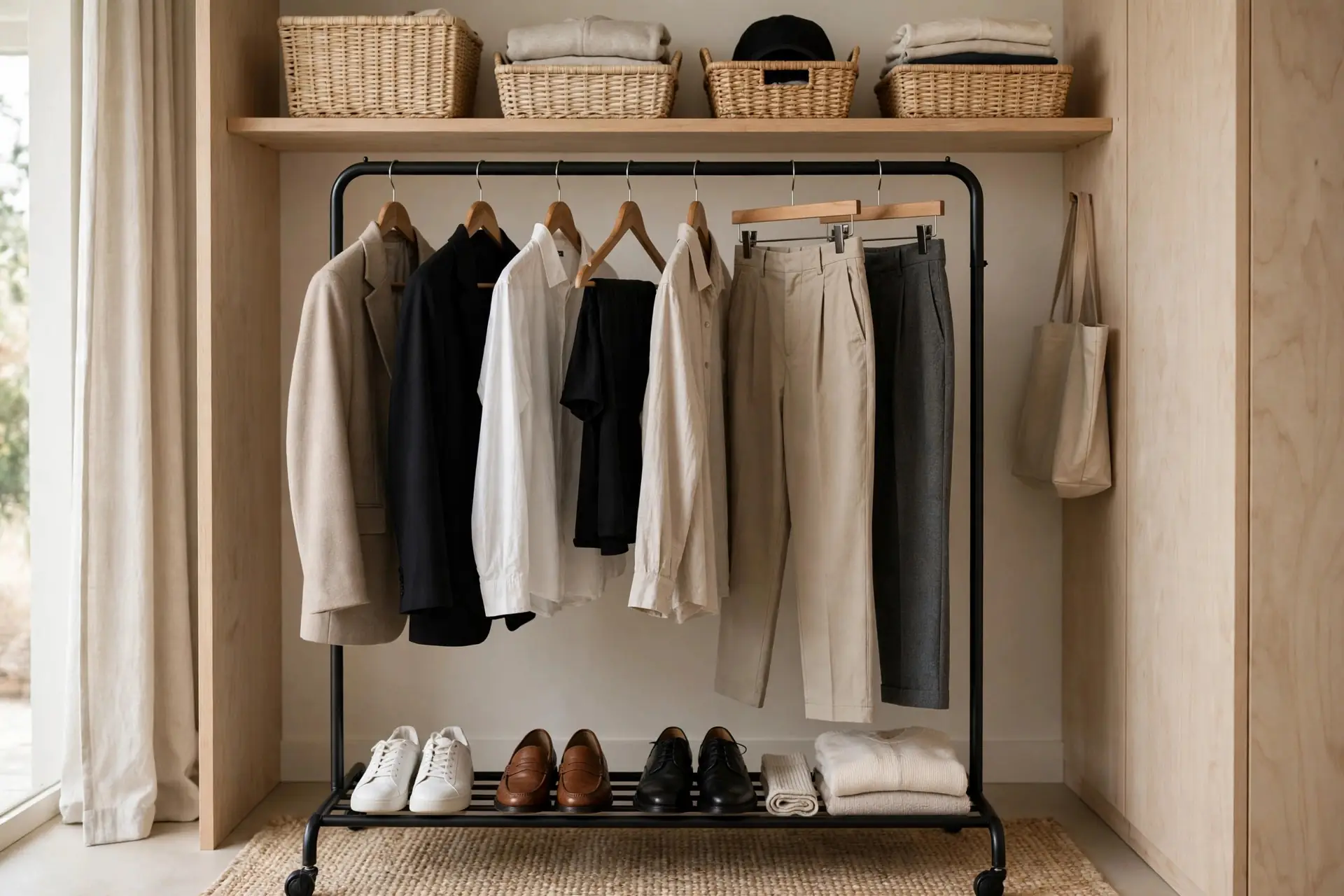 Curated capsule wardrobe with versatile neutral essentials on a rack