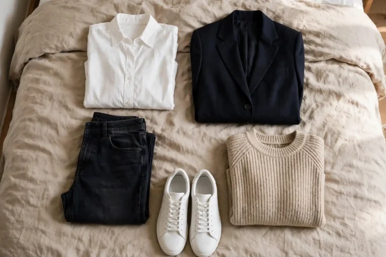 Five essential capsule wardrobe pieces arranged on a bed