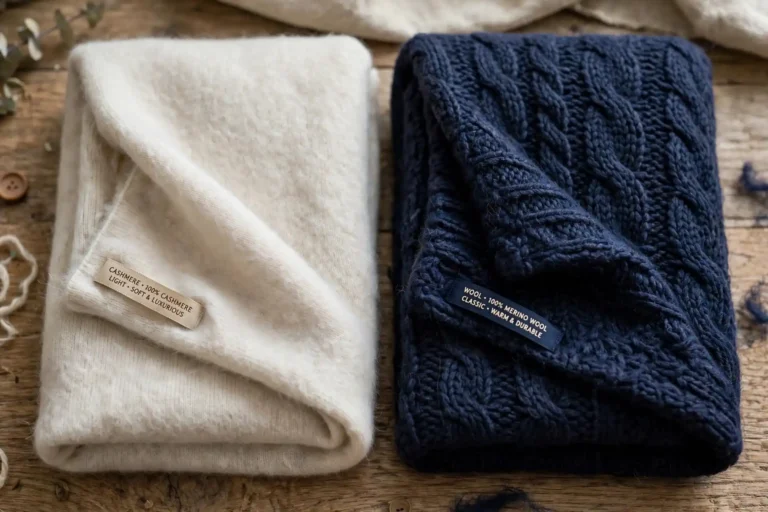 Folded cashmere and wool winter sweaters side by side for comparison