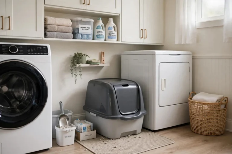 Clean covered litter box in a quiet laundry room corner