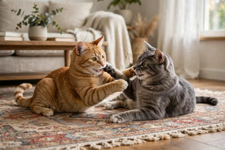 Two cats play-wrestling on a living room rug with relaxed postures