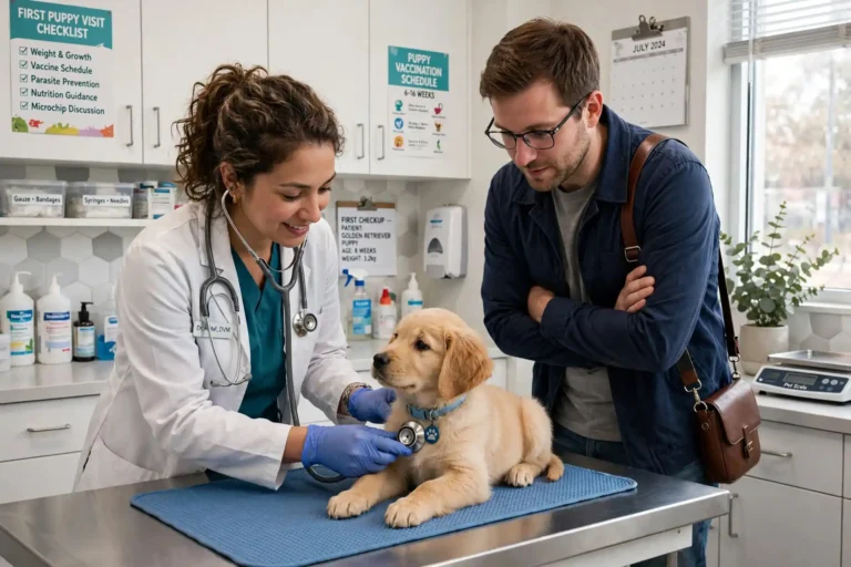 Veterinarian gently examining a puppy on an exam table