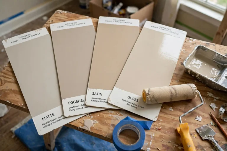 Paint finish samples from matte to gloss fanned out on a table