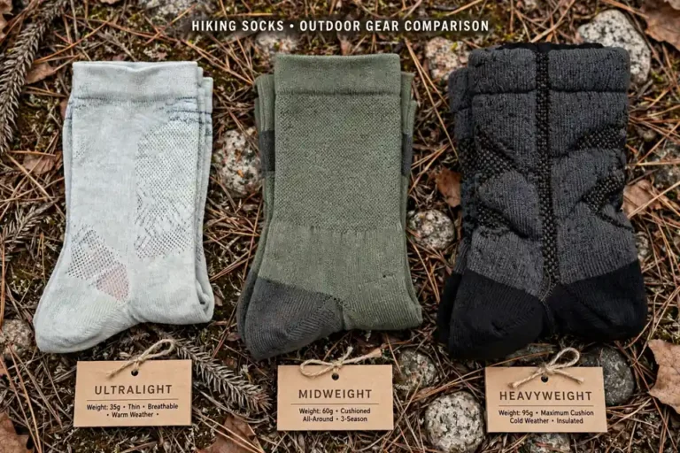 Three pairs of hiking socks in different thicknesses laid in a row