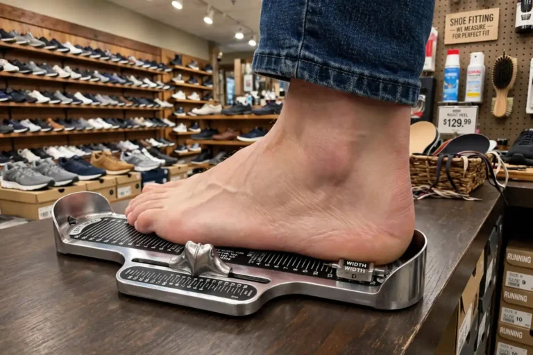 Foot being measured with a Brannock device in a shoe store