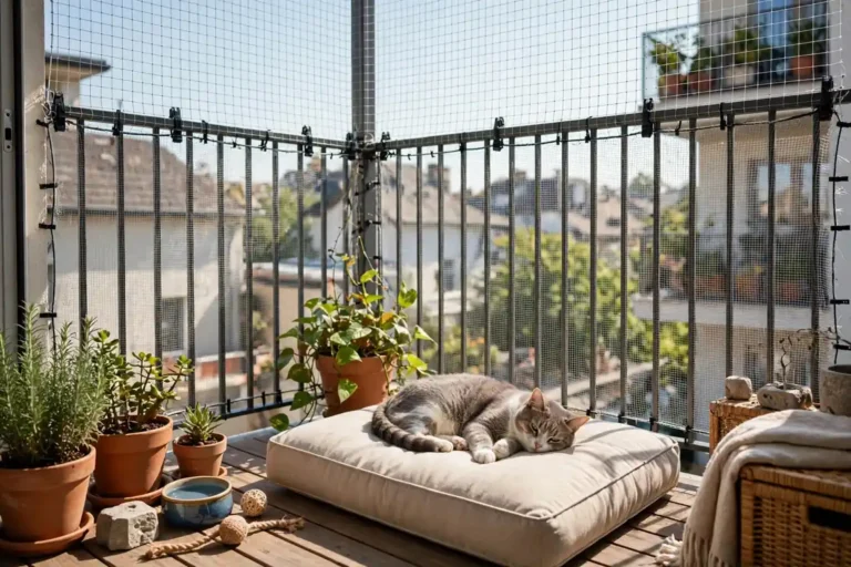 Pet-safe balcony with protective netting and a cat lounging outside