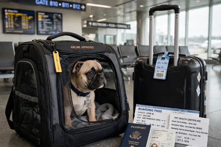 Pet carrier with a small dog inside beside luggage at an airport