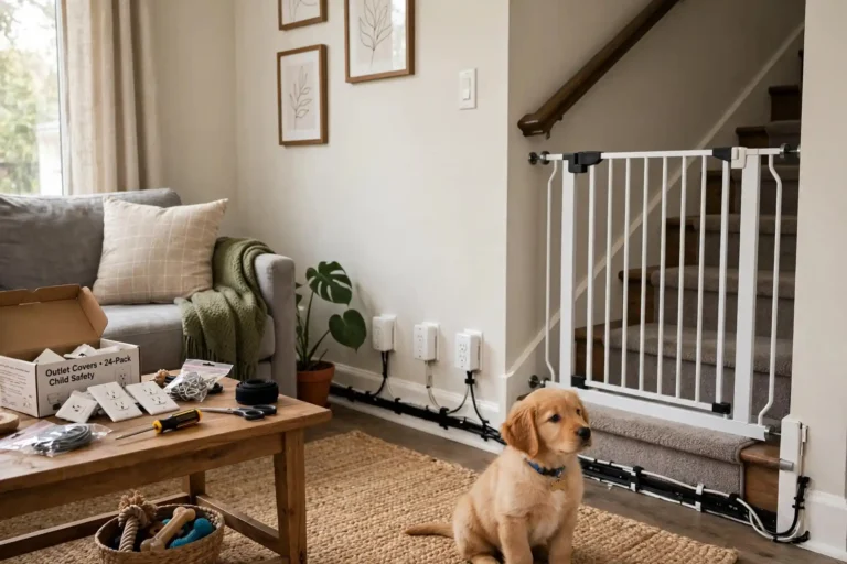 Living room being puppy-proofed with outlet covers and a baby gate