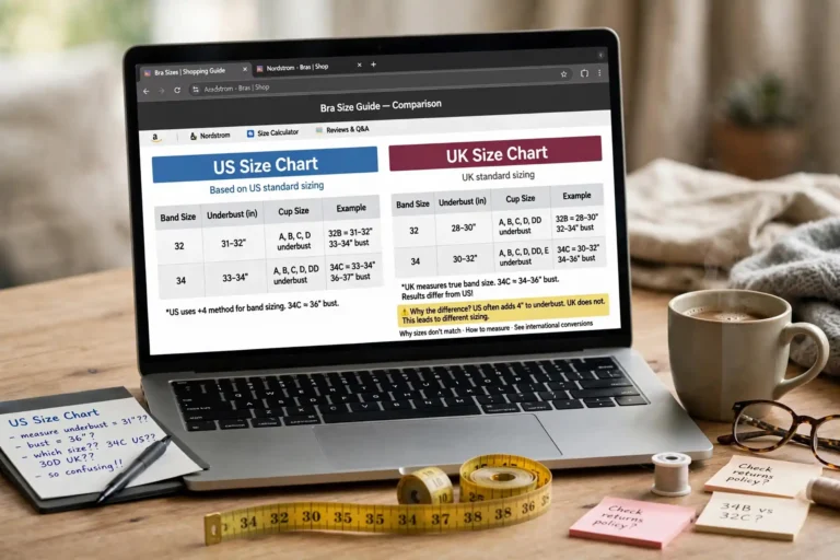 Laptop showing conflicting size charts with a measuring tape nearby