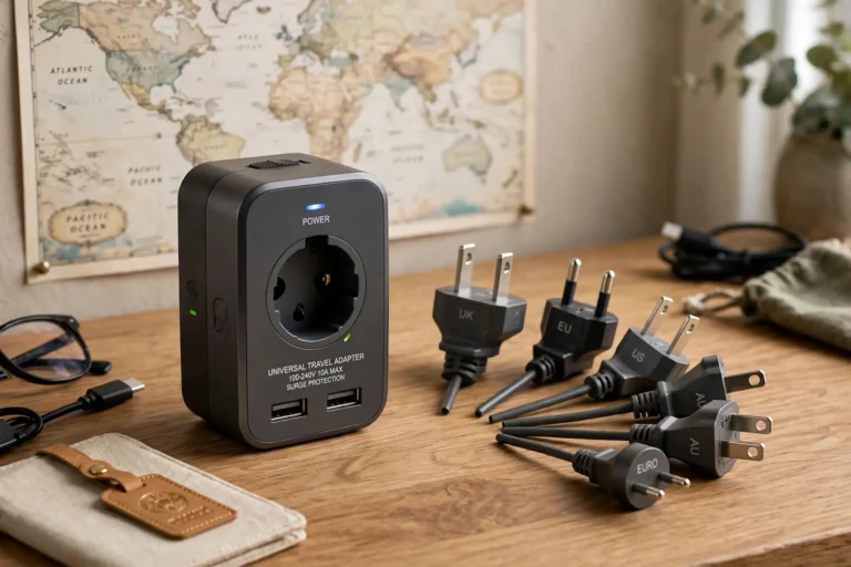 Universal travel adapter with interchangeable plug heads on a desk