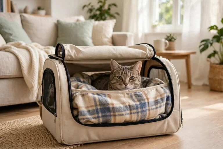 Cozy open cat carrier with a calm cat peeking out in a living room