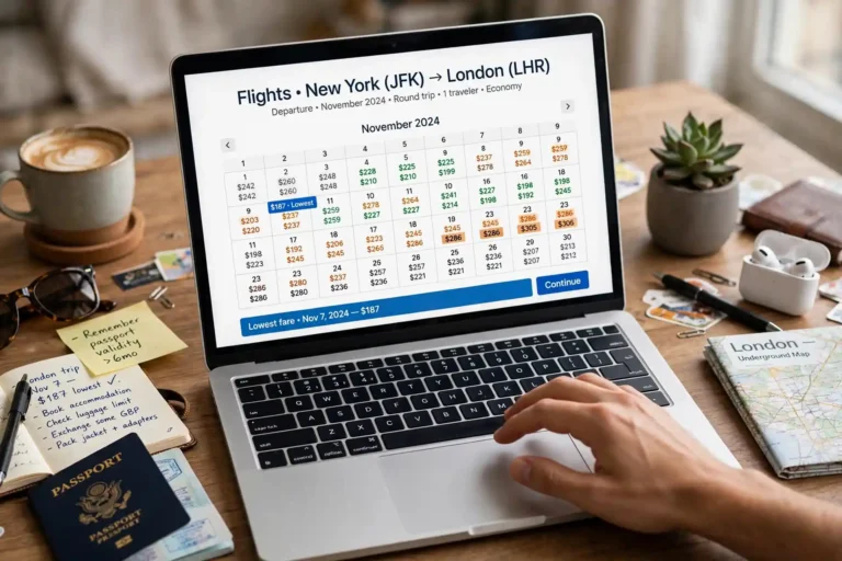 Laptop showing a flight price calendar with fares across different dates