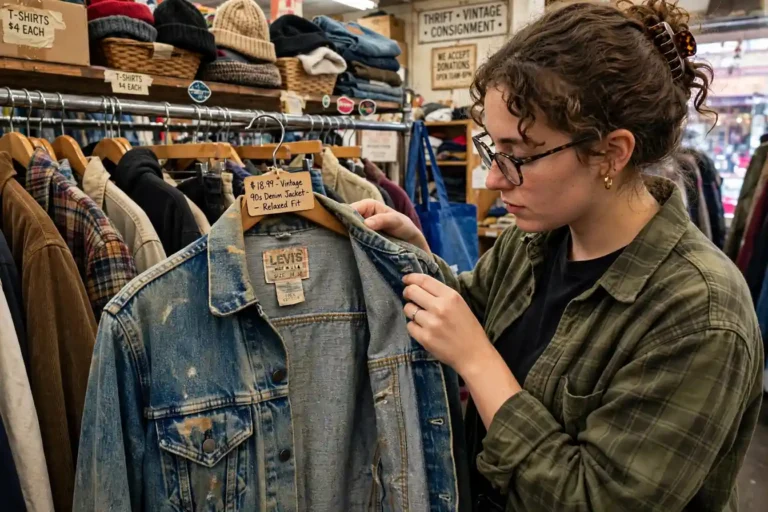 Person inspecting a vintage denim jacket on a thrift store rack