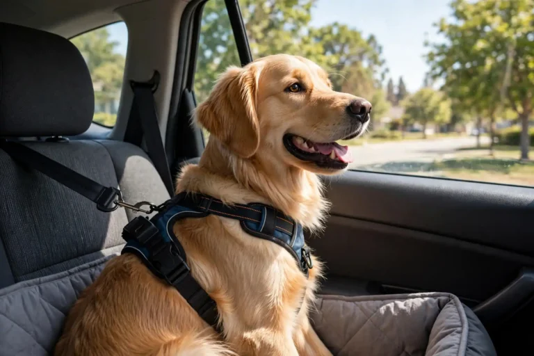 Dog secured with a seatbelt harness in the back seat of a car