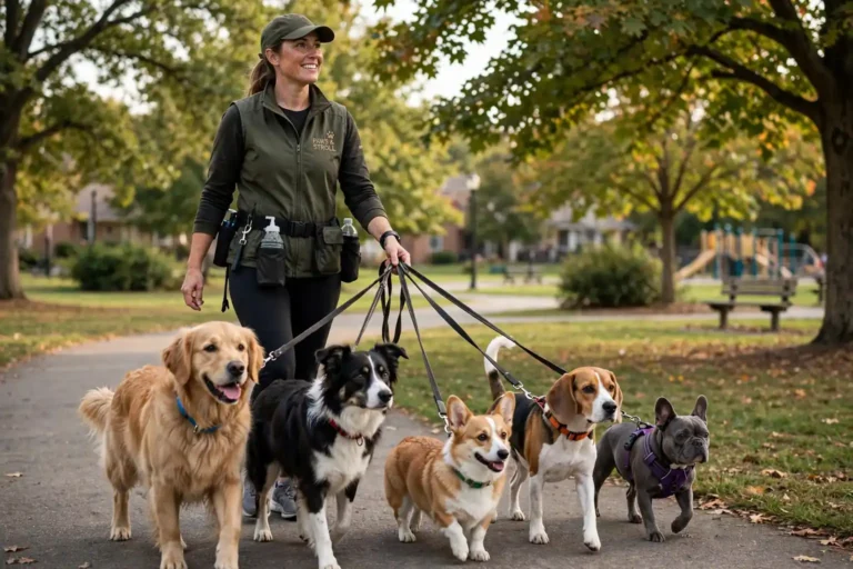 Professional dog walker with leashed dogs in a neighborhood park