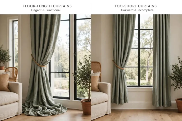 Floor-length curtains beside a tall window in a styled living room
