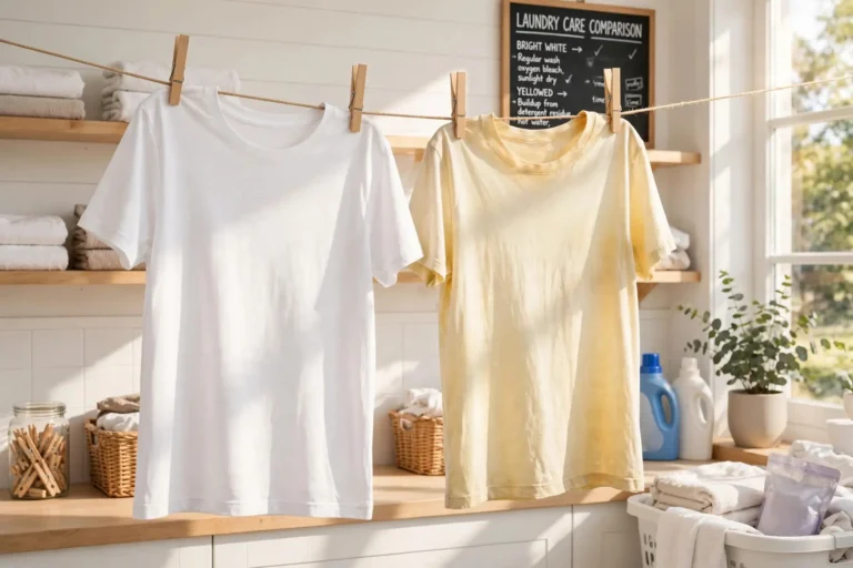 Bright white t-shirt on a clothesline beside a slightly yellowed one