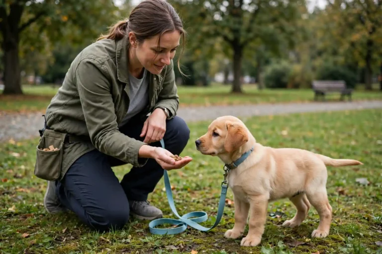 Trainer teaching a puppy to walk on a loose leash in a park