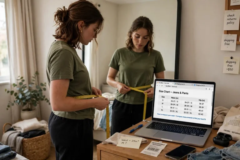 Person measuring waist with a tape measure beside a laptop size chart