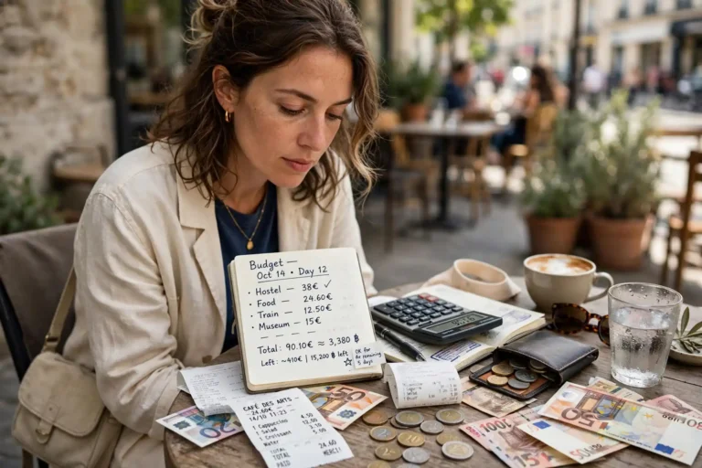 Traveler reviewing receipts and a budget notebook at a cafe table